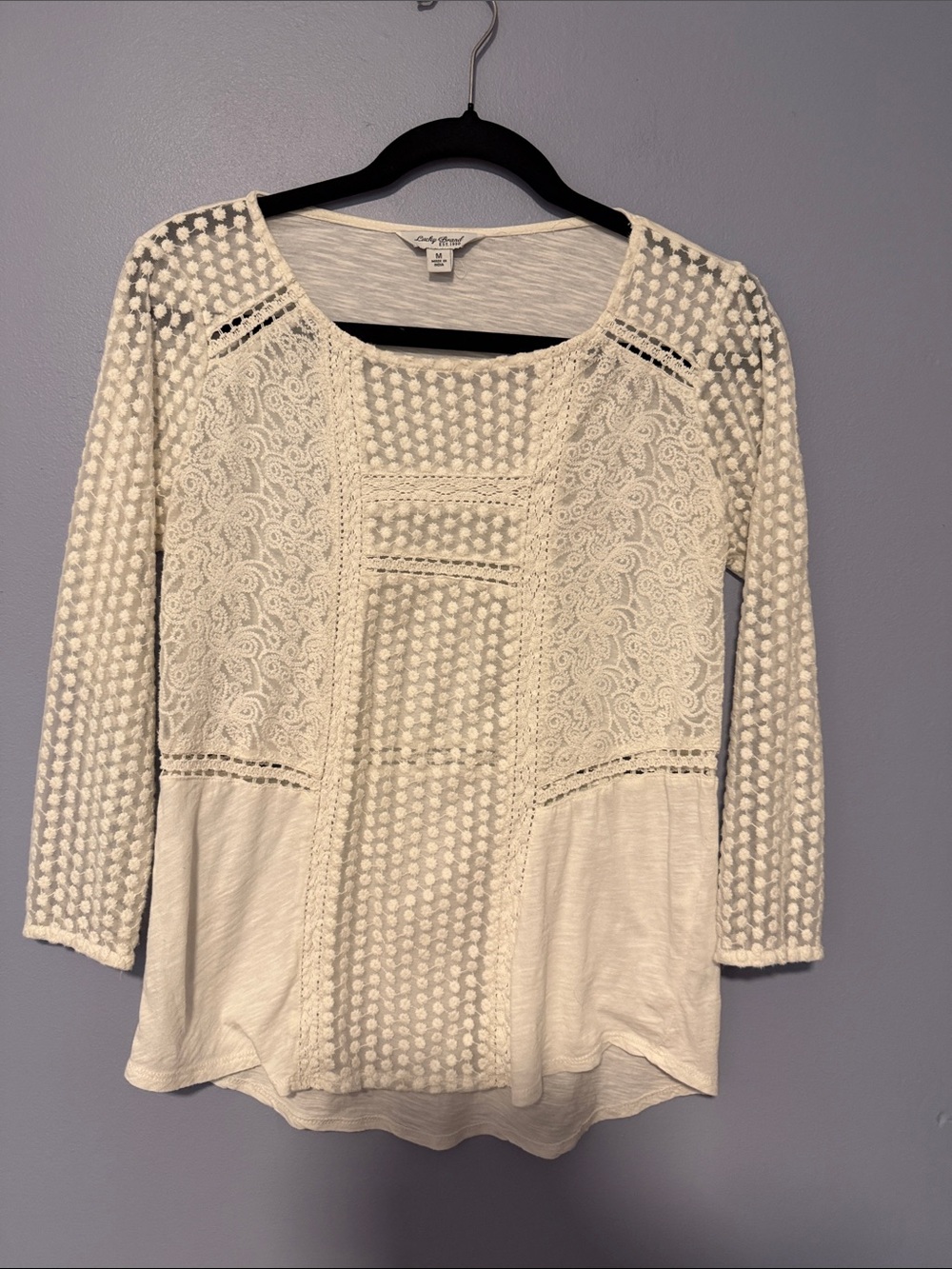 Lucky Brand Cream Lace Crochet Tunic Top 3/4 Sleeve Cottagecore M